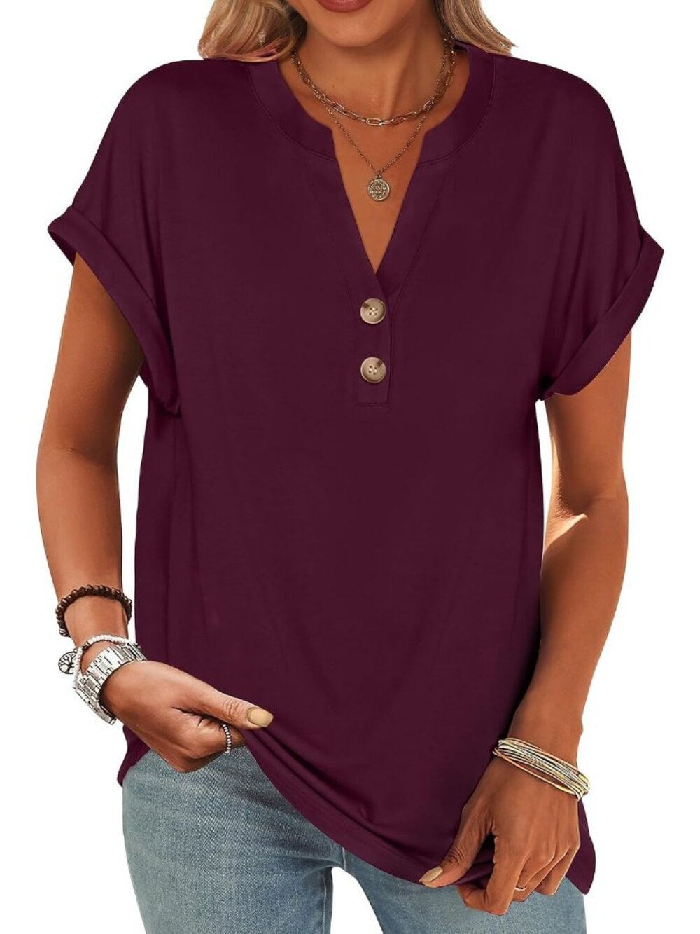 Women Brick Red V Neck Button Short Sleeve Henley Summer Casual Trendy Tunic Top